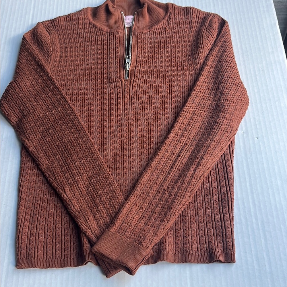 Woman’s Half-Zip Cable Knit Sweater - Rust Brown